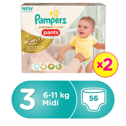 Pampers Gift Set Premium Care Midi Size 3 56 Pants Mega Pack & Baby Wipes Sensitive Economy 2 x 56