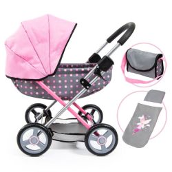 Cosy Dolls Pram With Bag & Accessories Pink polka 58CM Tall