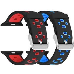 Bands For Apple Watch Skylet 2 Pack 38MM Silicone Breathable Replacement Wristband For Apple Watch Series 2 Series 1 Series 3 Edition Nike+ Smart Watch Not Included Black-red&black-blue