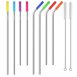 Stainless Steel Straws Adamluvs Metal Straws Set Of 8 Reusable Drinking Straws For 20OZ 30OZ Tumbler Length 10.5" 8.5" Diameter 0.24" With 8 Silicone Tips 4 Straight + 4 Curved + 2 Brushes