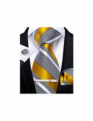 Dibangu Men's Formal Stripe Ties Silk Grey And Yellow Necktie Pocket Square Cufflink Tie Clip Set