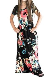 Floral Girls Printed Short Sleeve Empire Waist Maxi Long Pockets Dress In 4 Colors 10 Years Black