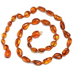 Baltic Amber Teething Necklace For Baby - Safety Knotted - Genuine Amber - Cognac