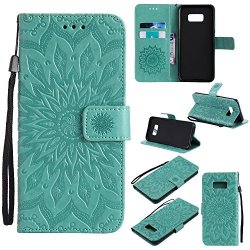 S8 Case Samsung Galaxy S8 Cover Smytu Premium Emboss Sunflower Flip Wallet Shell Pu Leather Magnetic Cover Skin With Wrist Strap Case Green