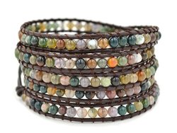 Multi-layer Braided Leather Wrap Bracelet With Multi-color 4MM Rounded Agate Beads 5 Wrap