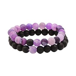 Couples His And Hers Bracelet Black Matte Agate & Colorful Weathering Scrub Agate 8MM Beads By Ueuc Purple