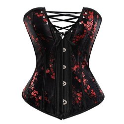 Zhitunemi 6180 Women's Elegant Black Red Oriental Style Lace Through Top Floral Overbust Corset 3X-LARGE Black Red