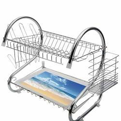 Stainless Steel 2-TIER Dish Drainer Rack Ocean Kitchen Drying Drip Tray Cutlery Holder Waves And Golden Paradise Beach With Sky Sun Endless Summer Sea
