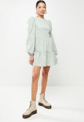 Missguided Puff Sleeve Crew Neck Tiered Smock Dress - Sage