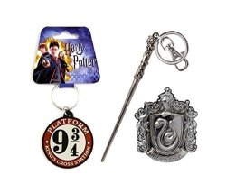 Mozlly Value - Harry Potter Wand & 9 3 4 Kings Cross Key Chain & Slytherin Pin