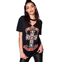 Women's Fancy-mano Skulls Guns N Roses Print V-neck Hollow Out Loose T-Shirt Blouse Tops M Black