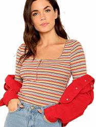 Milumia Women's Casual Striped Ribbed Tee Knit Crop Top B-MULTI-5 S