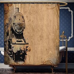 Wanranhome Custom-made Shower Curtain Steam Engine Set Antique Old Iron Train Aged Sepia Grunge Style Design Industrial Theme Artsy Print Decor Brown For Bathroom