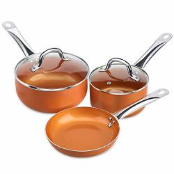 Shineuri 5 Pieces Copper Cookware Pans And Pots Set - 8 Inch Fry Pan 1.5QT Saucepan And 2.5 Qt Saucepan With Lid - Perfect