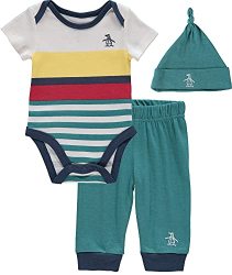 Original Penguin Baby Boys Newborn Infants One Piece Bodysuit Pants And Cap 3 Piece Set White yellow green 6-9 Months