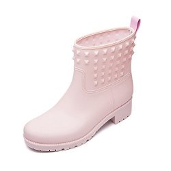 DKSUKO Women's Rain Boots With Fashion Rivet Short Ankle Waterproof Rubber Boots 3 Colors 10 B M Us Pink