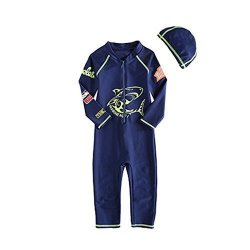 Zilee Boys Swimsuit Swimwear with Cap Kids Wetsuit Swimming Beach Costume Long Sleeve