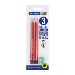 Marlin Kids End Dipped Pencil Triangular Jumbo Blister Card 3'S + Sharpener Pack Of 12