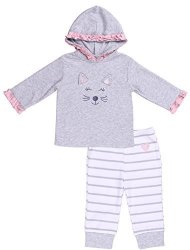 BABY Girl 2-PIECE Gray Long-sleeve Kitty Hoodie And White-striped Pant Set Size 3-6 Month Infant Girl Bundle Includes White-stripes Legging And Ruffle Grey Cat
