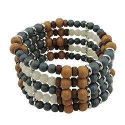 COIRIS Multi Layers Wooden Acrylic Beads Wide Bracelet For Women Adjustable Size BR1029-DARK Grey