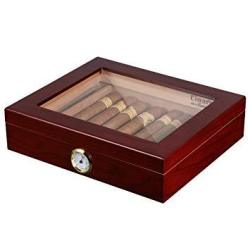 Volenx Desktop Cigar Humidor Case Glasstop Cigar Storage Box Cherry Finish With Hygrometer And Humidifier Holds 25 Cigars