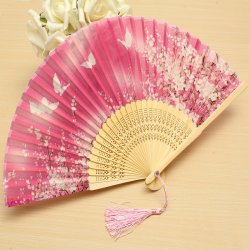 Handmade Flower Pattern Chinese Folding Bamboo Silk Hand Fan Dance Party Wedding