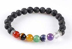 7 Chakra Stretch Bracelet With Lava Beads - One Genuine Natural Essential Oil Aromatherapy Jewelry 7 Chakra Bracelet Reiki Crystals And Healing Stones E0459