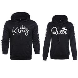 YJQ Matching Couple King And Queen Crown Printed Pullover Hoodie Black Men L + Women L