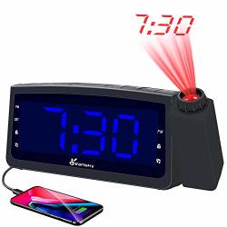 Vansky Projection Alarm Clock Radio With USB Charger Digital Projection Clock For Bedrooms Fm Radio 6.57 LED Display With Dimmer Dual Alarm Snooze Battery Backup
