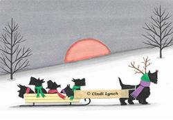 12 Christmas Cards: Sled Ride With Scottie Family Lynch Folk Art