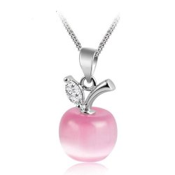 Sweet Pink Clear Rhinestone Opal Apple Pendant Necklace Silver Chain