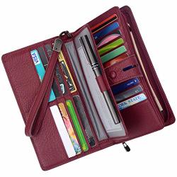 Women's Big Fat Rfid Leather Wristlet Wallet Organizer Large Phone Checkbook Holder With Zipper Pocket Wine Red