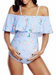 Zando Women's Maternity Swimsuits Off Shoulder Maternity One Piece Swimsuit Ruffled Pregnancy Swimwear Flounce Pregnancy Beachwear Maternity Bathing Suit 1 Piece Blue Flower Large Us 8-10
