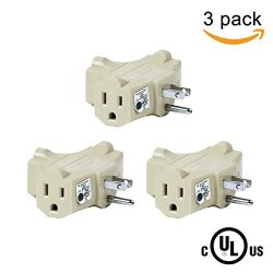 3 Pack Uninex T-shape 3 Way Outlet Heavy Duty Grounded Wall Plug Tap Adapter Beige
