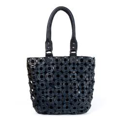 Angelina Black Leather Basket Shoulder Bag - Black Leather