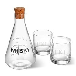Personalized Whiskey Decanter In Wood Crate With Set Of 2 Lowball Glasses - 3 Initials