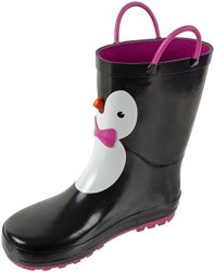 Rainbow Daze Penguin Printed Waterproof Rain Boots With Easy-on Handles For Kids 100% Rubber Ages 2 To 9 13 1 Penguin Black