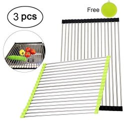 3 Packs Roll-up Dish Drying Rack Over Sink Multipurpose Foldable Heat Resistant Stainless Steel RACK.14.1" X 18.5" Larger One 14.1" X 14.6" Small One