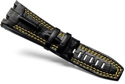 28MM Black Leather Watch Band Strap Fits For Audemars Piguet Royal Oak AP100 Black Yellow Line