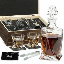 Whiskey Stones Gift Set For Men & Women - Whiskey Decanter 2 Twisted Whiskey Glasses 2 XL Stainless Steel Whisky Cubes 2 Coasters Silicone-tipped