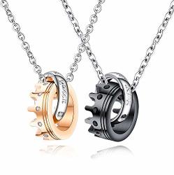Bestdays His & Hers Matching Set Necklace Titanium Stainless Steel Her King His Queen Couple Crown Ring Pendant Black White Crystal