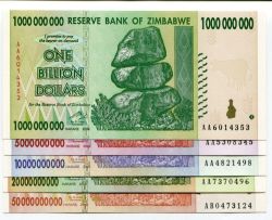 Zimbabwe 2008 Billion Dollar Set - 5 Notes Inflation Currency -aa ab Prefix