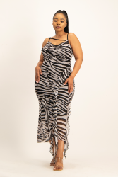 Keira Cowl Neck Ruffle Dress - Black Zebra Print - L