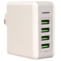 Raz Tech Smartphone Travel Adapter With 4 USB Ports And 4.8 Amp Power - White