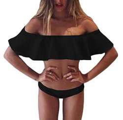 Me Tempt Won Two Pieces Solid Color Crop Ruffled Off-shoulder Flounce Bikini Sets Black M