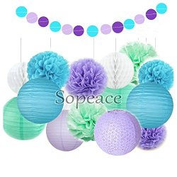 Sopeace 16 Pack Tissue Pom Poms Flowers Paper Lanterns And Polka Dot Paper Garland For Mermaids Under The Sea Theme Bridal Shower Wedding Ball