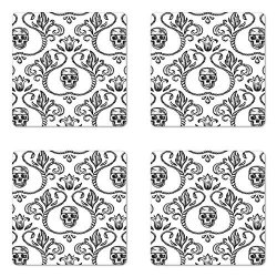 Lunarable Gothic Coaster Set Of Four By Ornament With Skull Goth Skeleton Floral Design In Baroque Style Illustration Square Hardboard Gloss Coasters For Drinks