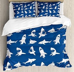 Duvet Cover Set Shark Shark Pattern With Various Gestures Have A Bite Danger Humor Nautical Design Ultra Soft Breathable Durable Twill Plush 4 Pcs
