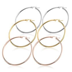 Steel Fibo 3 Pairs Stainless Large Hoop Earrings Set For Women 50mm