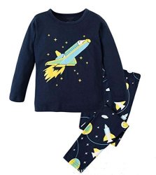 Dearbee "spacecraft And Star " Little Boys 2 Piece Pajama 100% Cotton Size 2-7 Years 5 Toddler Years Dark Blue